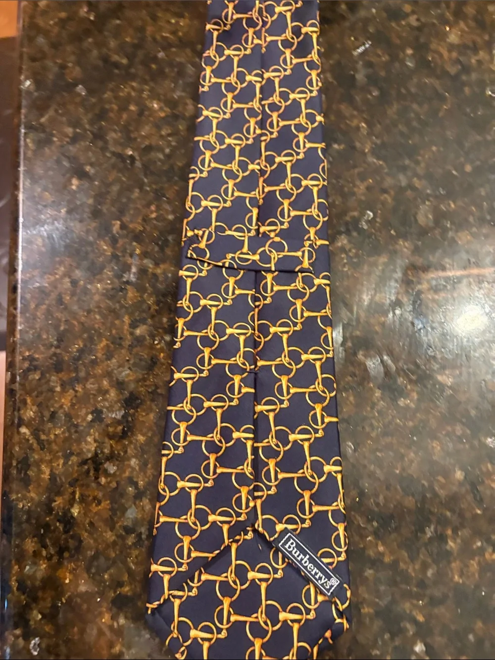 Burberry Navy Tie with Gold Chain Link Pattern